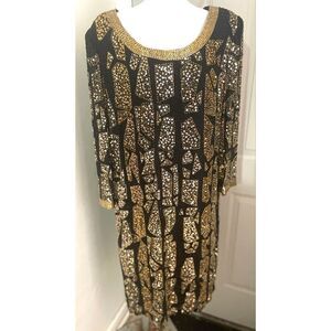Vintage Blacktie Oleg Cassini Black and Gold Long Sleeve Dress Women’s Size 14